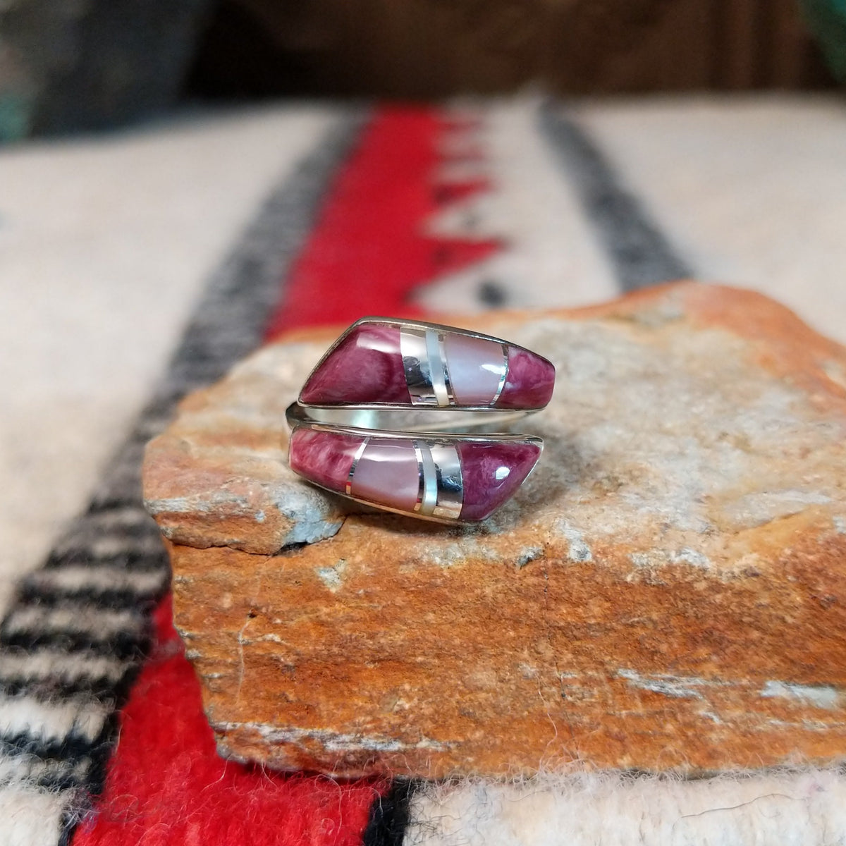 Navajo wrap ring by J.B. with pink and purple multistone inlay.