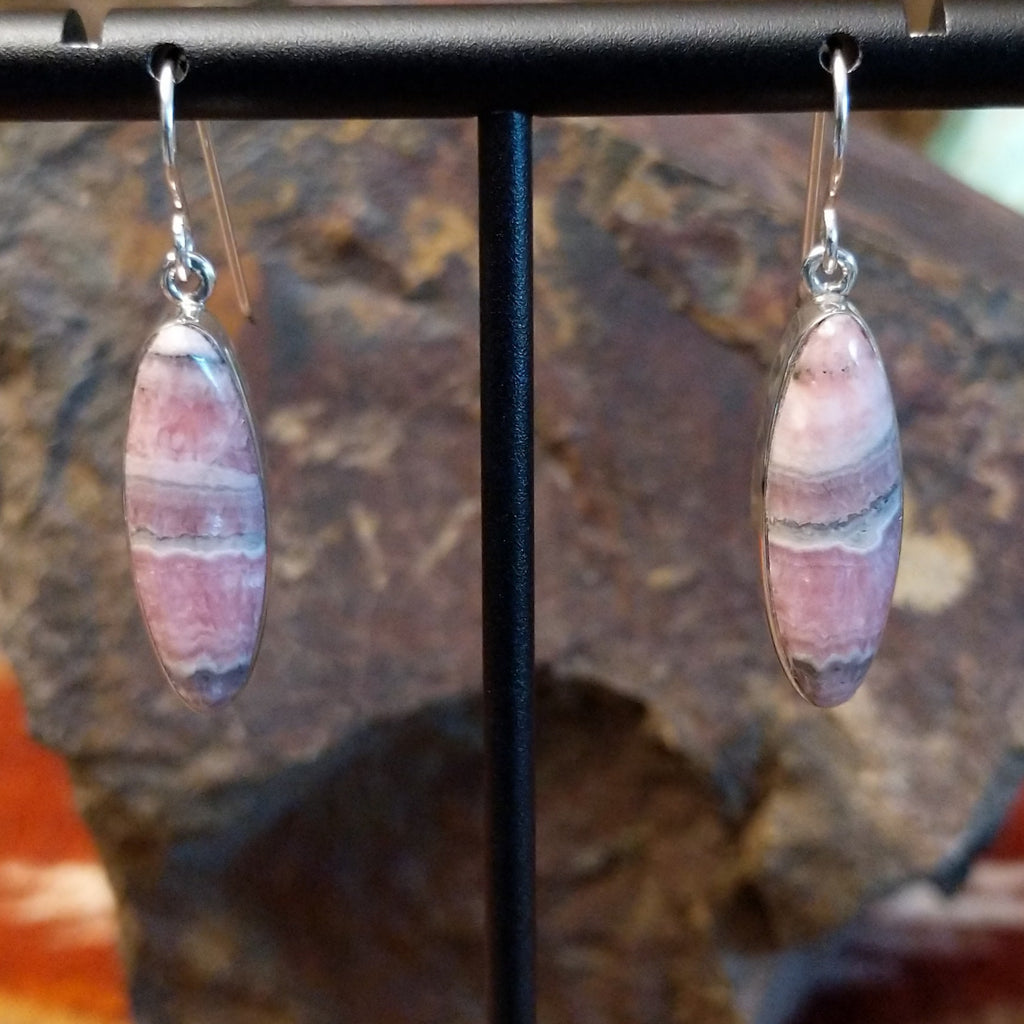 Navette shaped rhodochrosite set within the sterling silver bezel.