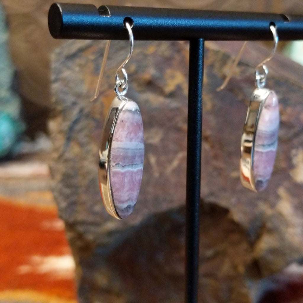 Navette shaped rhodochrosite set within the sterling silver bezel.