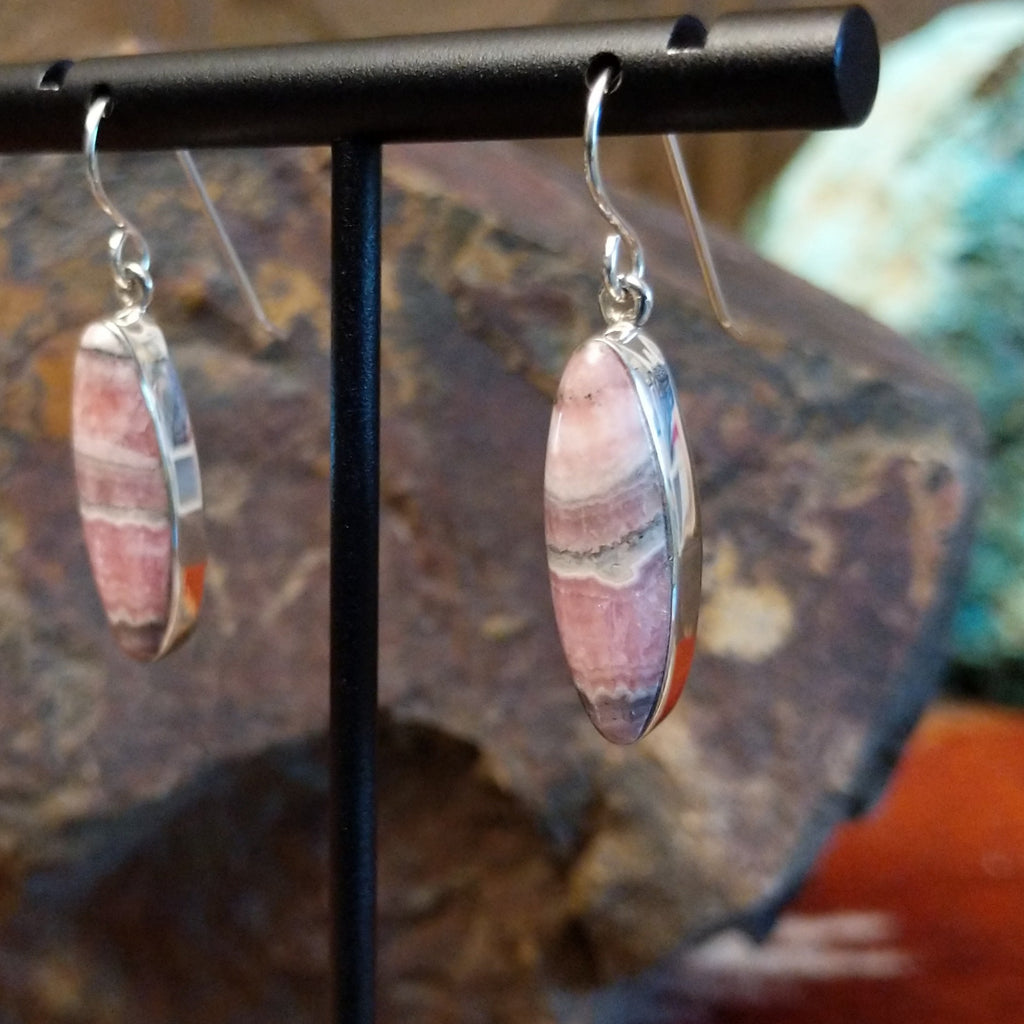 Navette shaped rhodochrosite set within the sterling silver bezel.