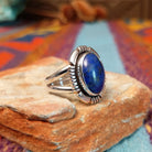 Oval lapis silver ring by Bernyse Chavez with graduated geometric silverwork.