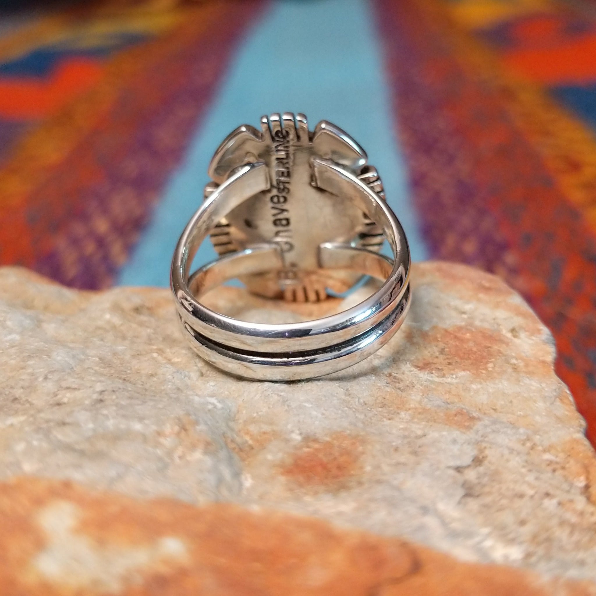 Oval lapis silver ring by Bernyse Chavez with graduated geometric silverwork.