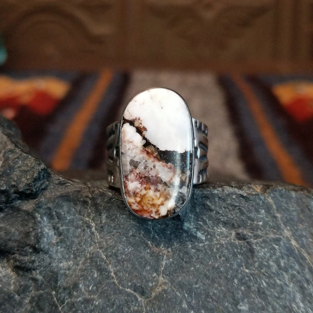 Front view of the Wild Horse stone set in a thin bezel.