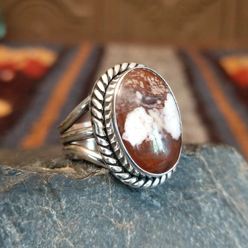 Wild horse stone set in a sterling silver twisted rope bezel and layered band.