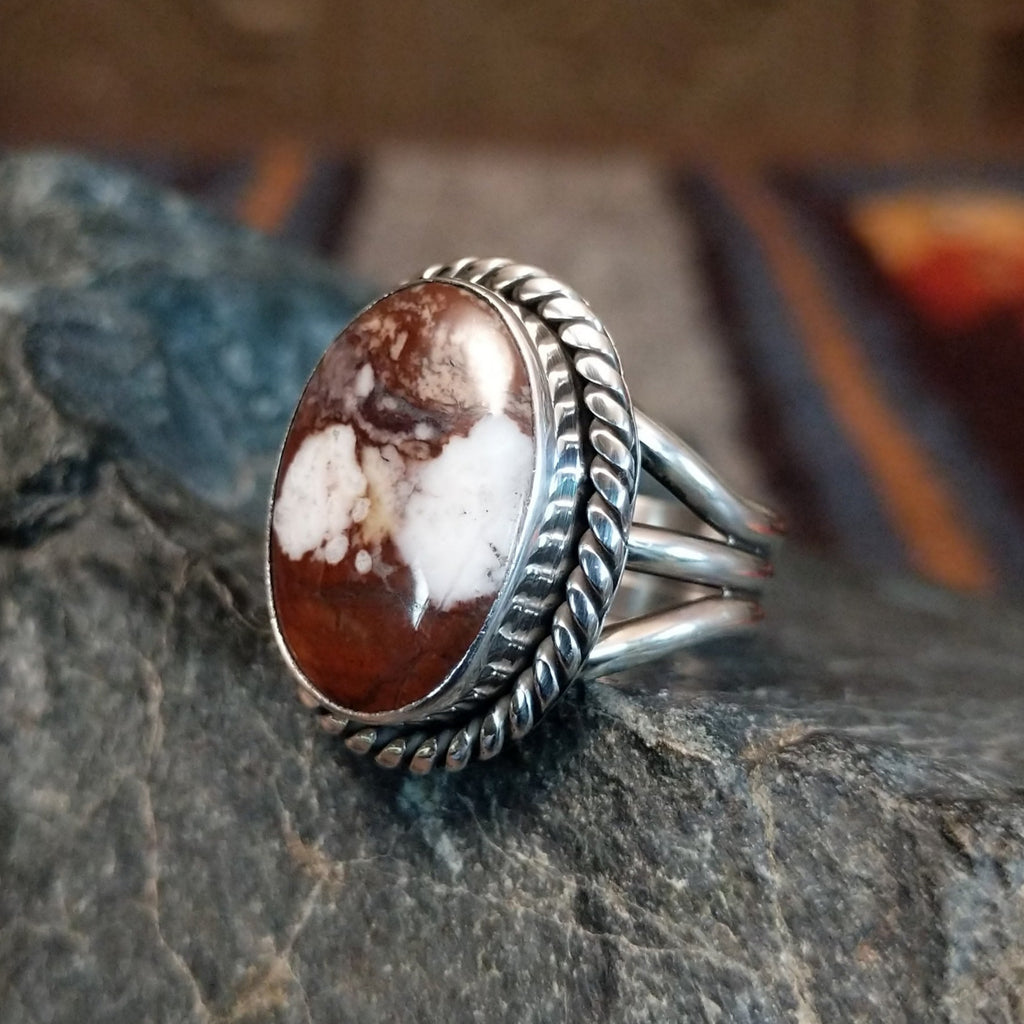 Wild horse stone set in a sterling silver twisted rope bezel and layered band.