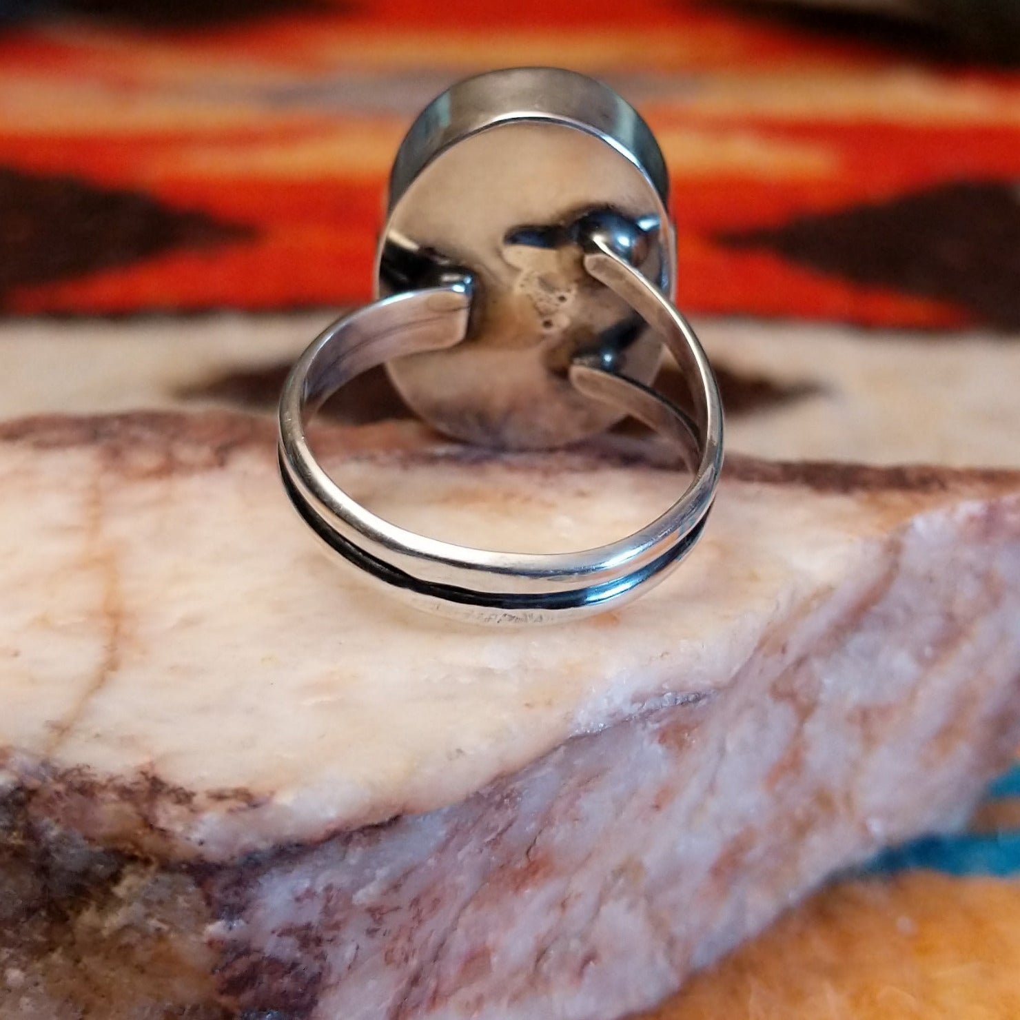 Sterling silver ring with Kingman turquoise set in the large, oval bezel.