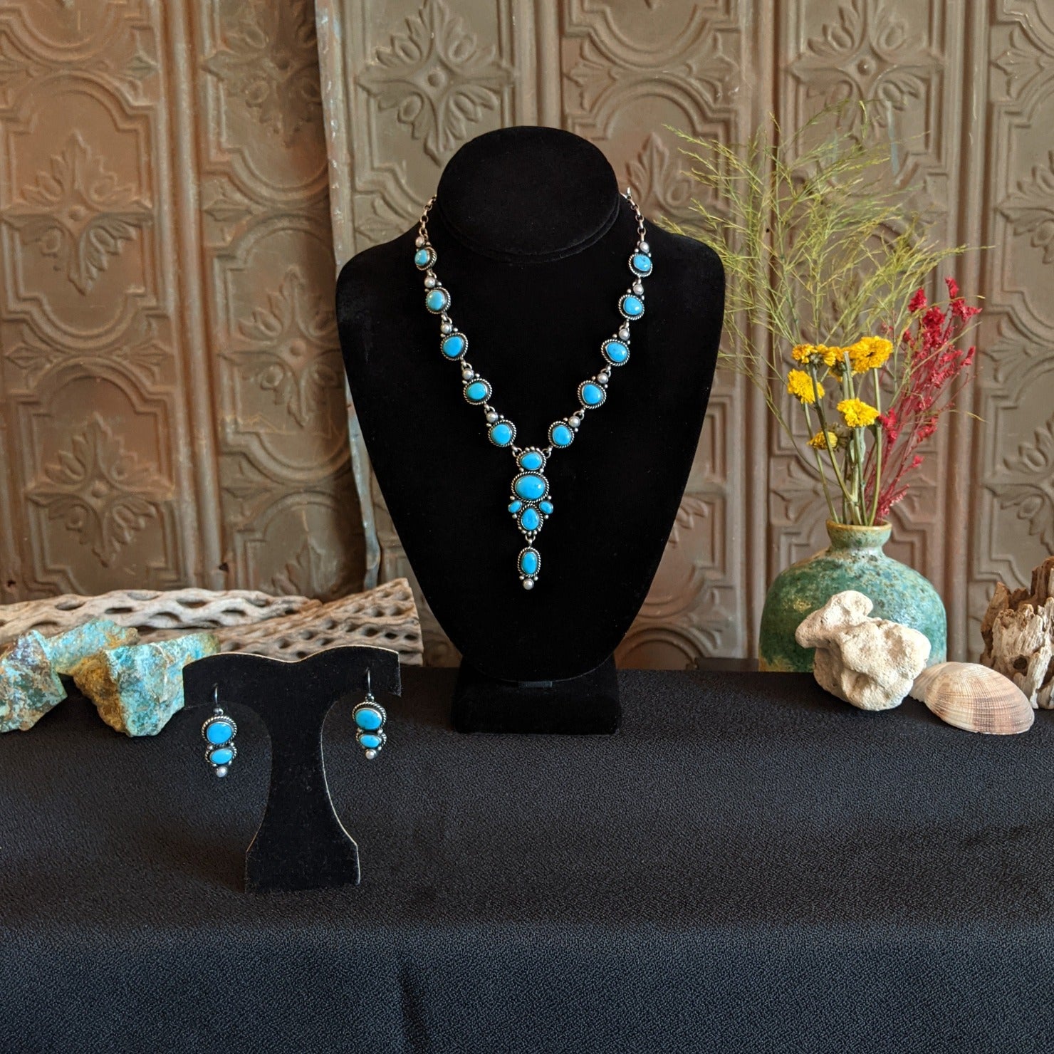 Navajo Made Sonoran Gold Turquoise Freshwater Pearl Necklace Set