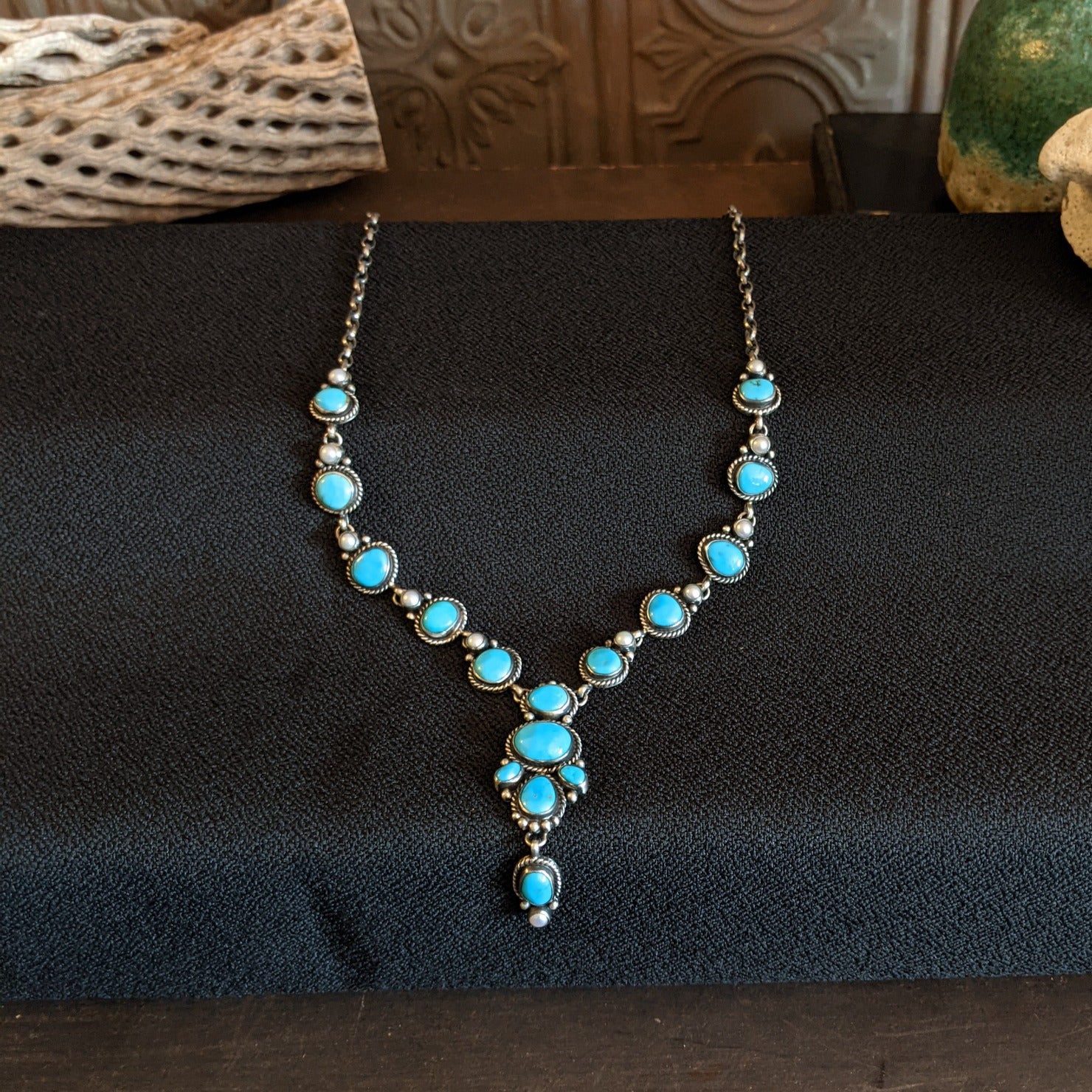Navajo Made Bluebird Turquoise & Freshwater Pearl Necklace Set by L.D. GJ-JWS-0014