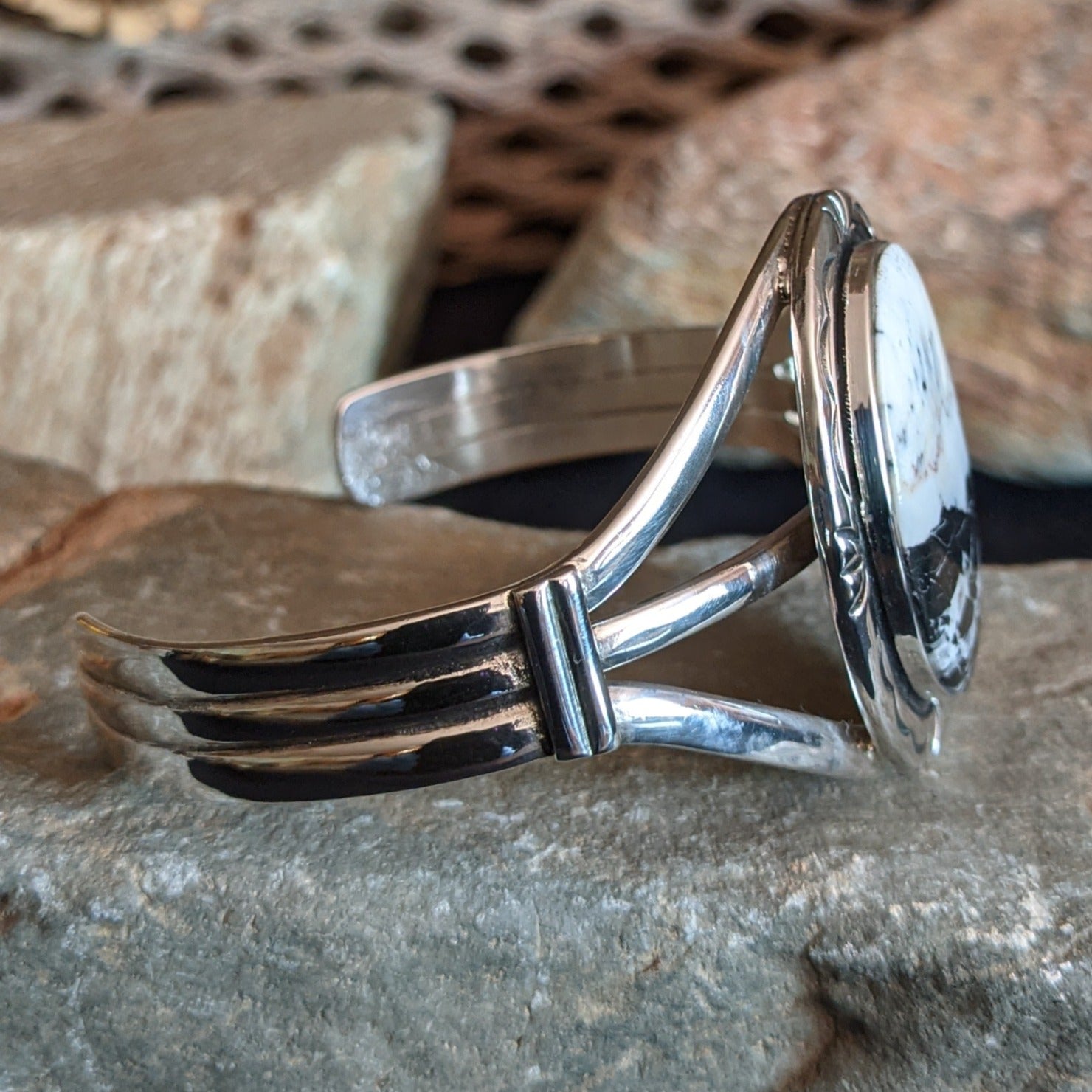 Navajo Made Large Oval White Turquoise Cuff GJ-BRC-0079