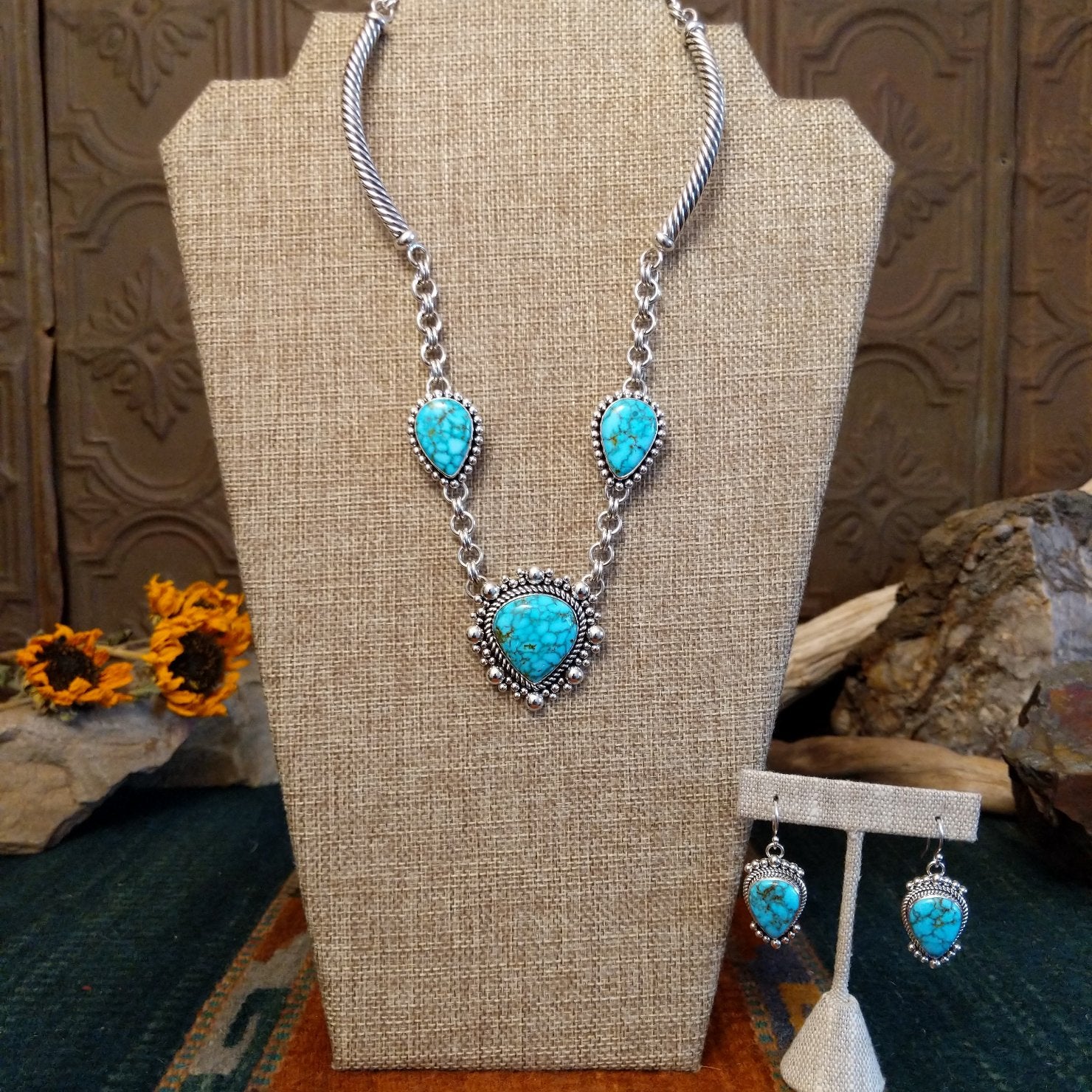 Kingman Turquoise Necklace Earrings Set by Artie Yellowhorse GJ