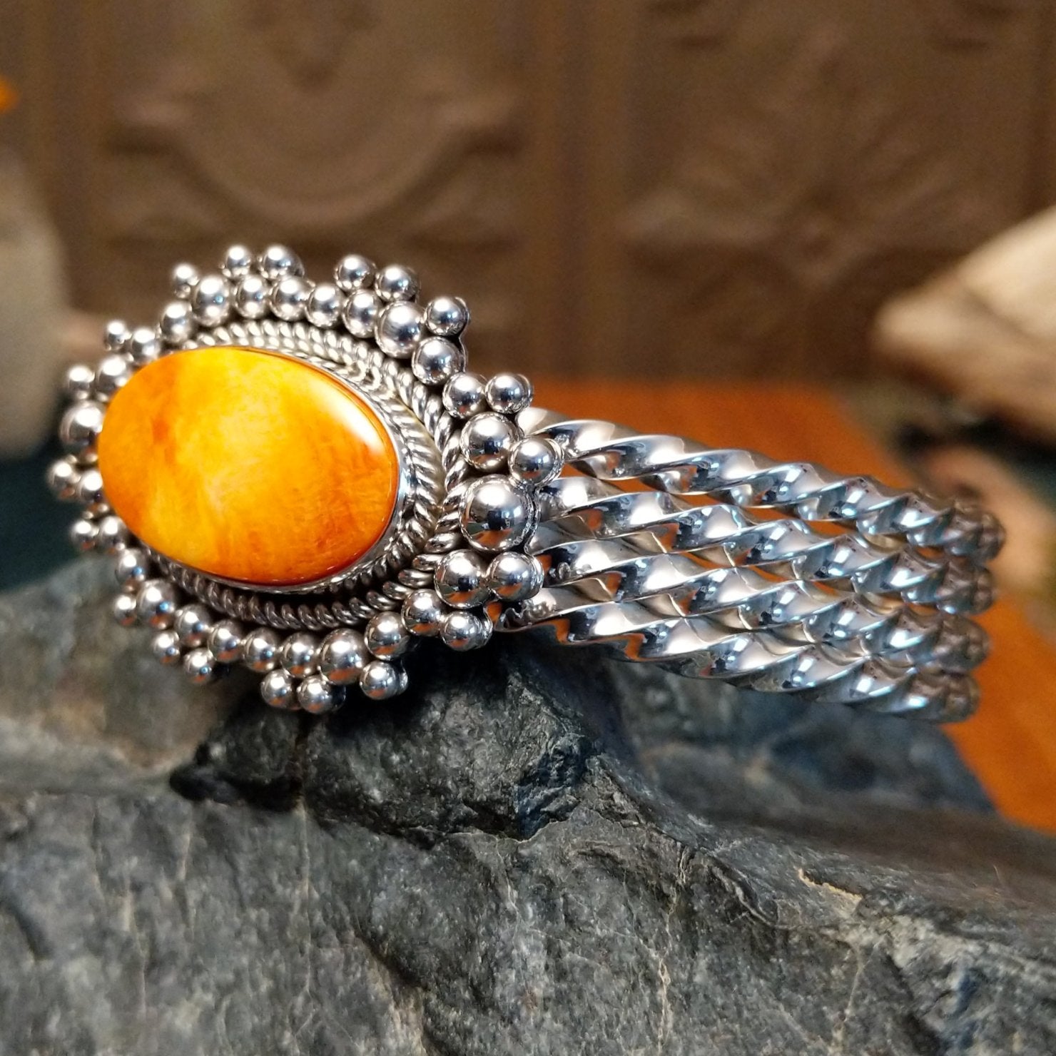 Orange Spiny Oyster Shell Cuff by Artie Yellowhorse GJ-BRC-0007