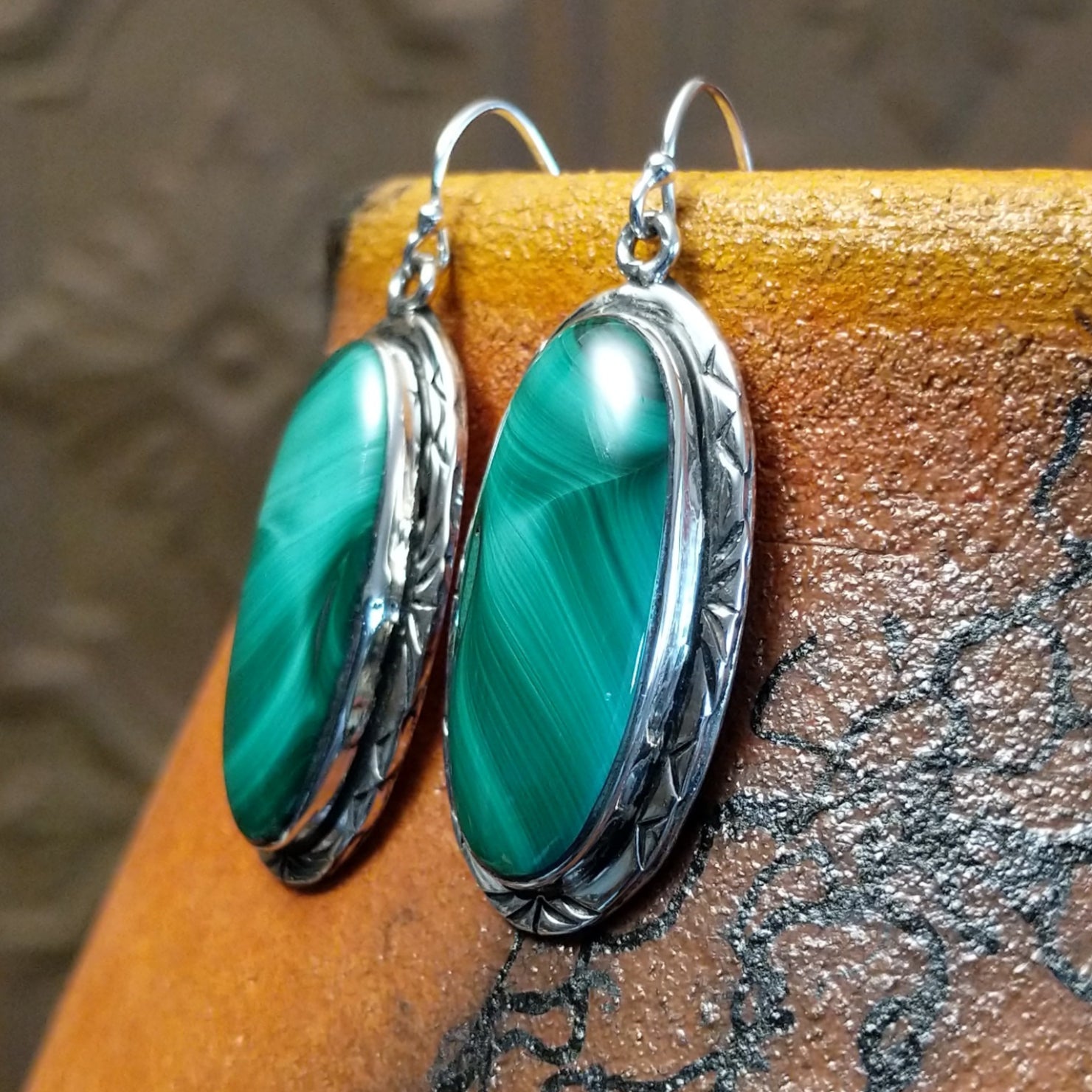Large Malachite Oval Earrings by Terry Wood SWSG-ERN-0048