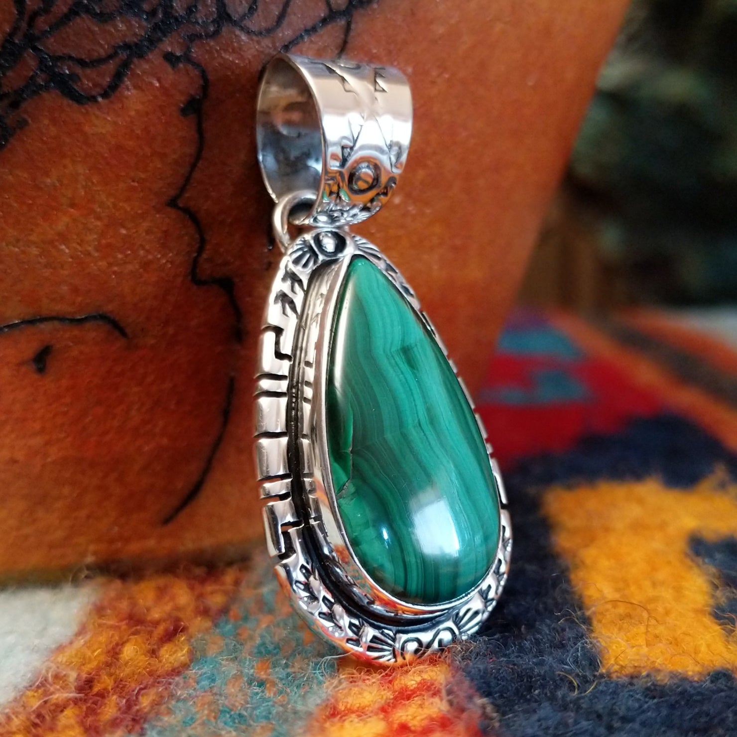 Large Malachite Teardrop Pendant by Anna Begay SWSG-PND-0019