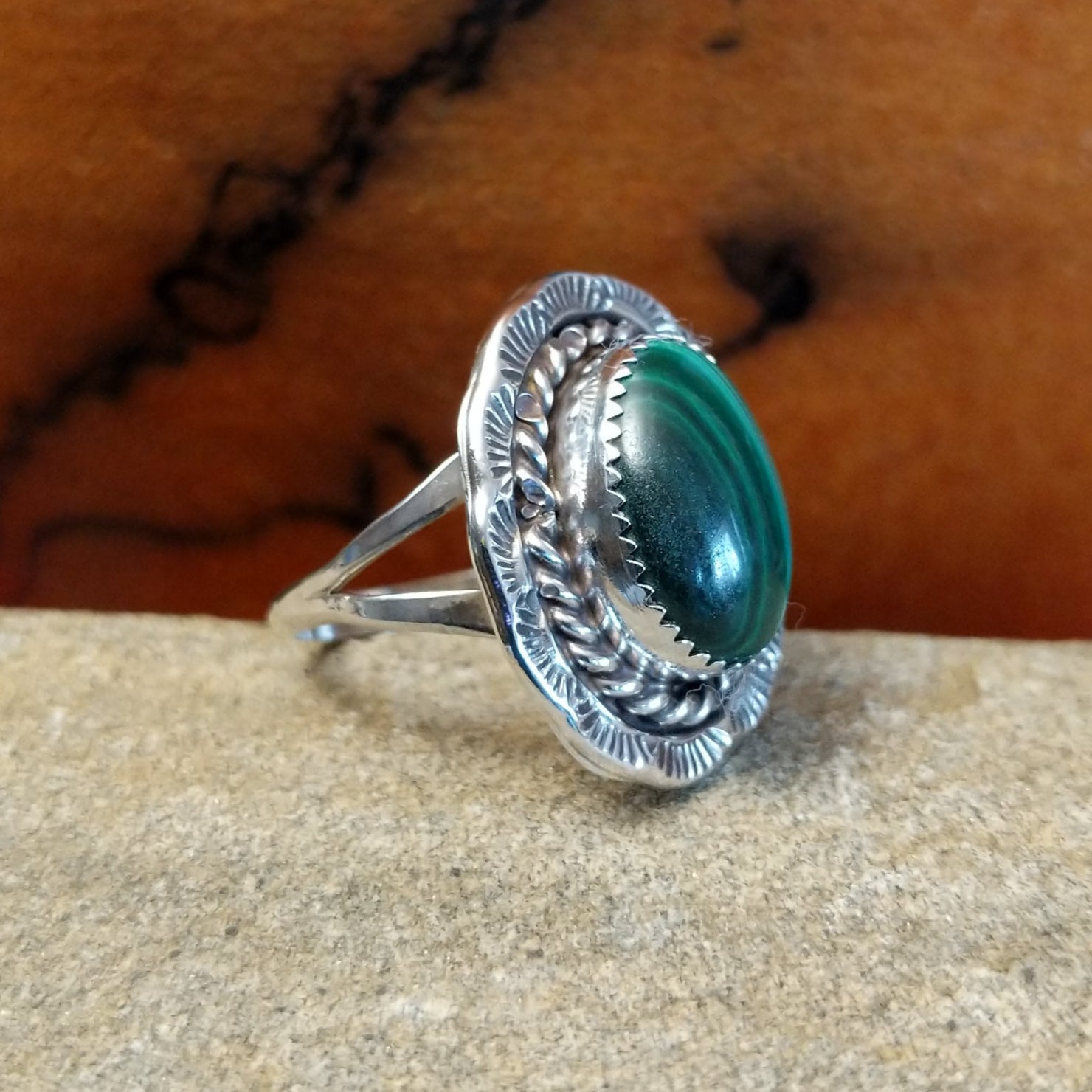 Navajo Made Malachite Oval Ring SWSG-RNG-0053 Size 8.5