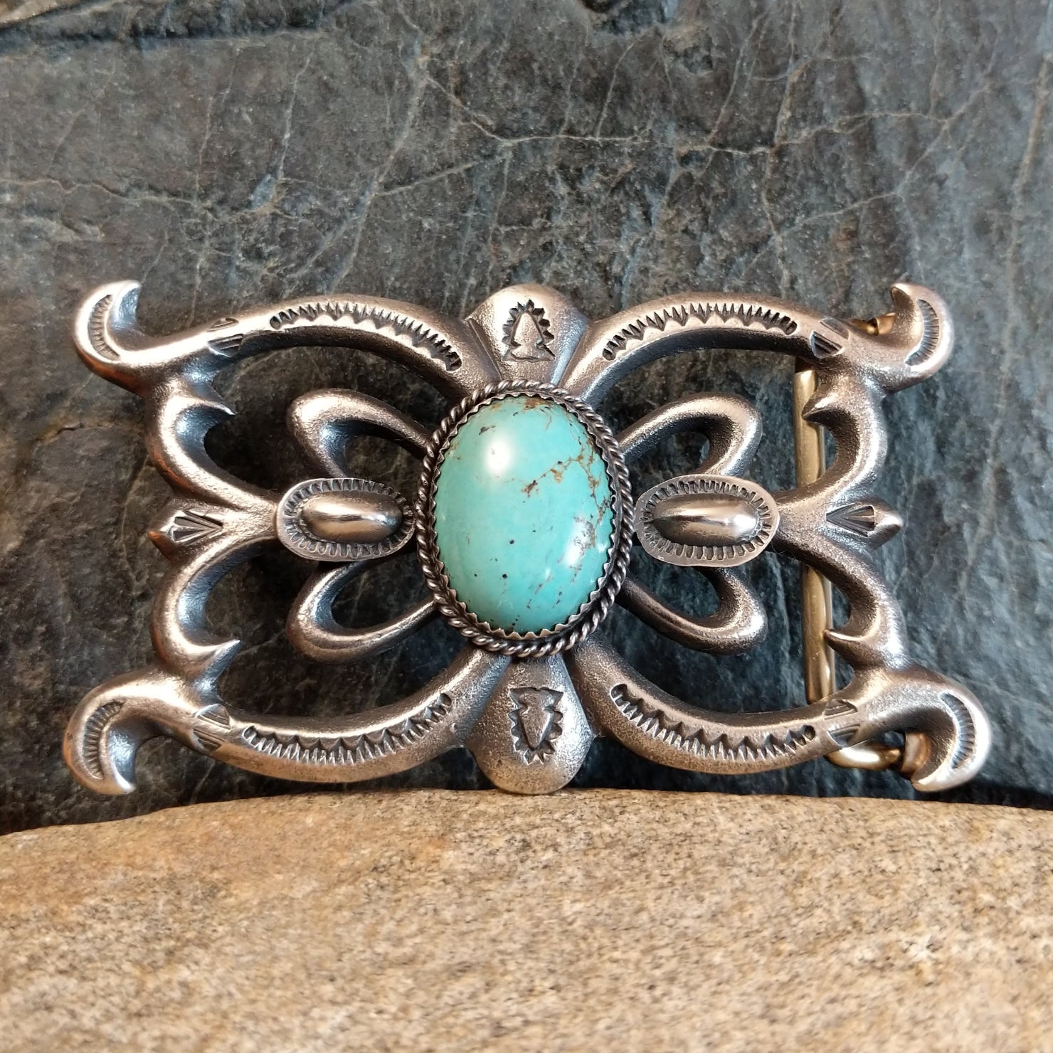 Turquoise Stamped Sandcast Buckle by Martha Cayatineto SWSG-BKL-0002