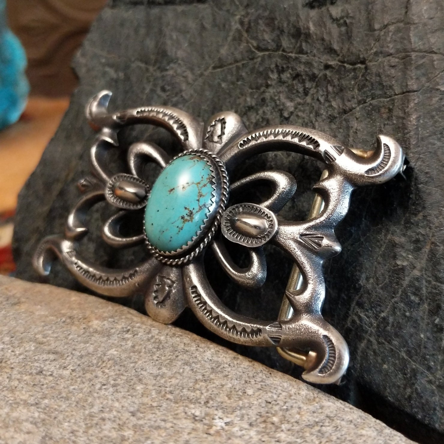Turquoise Stamped Sandcast Buckle by Martha Cayatineto SWSG-BKL-0002