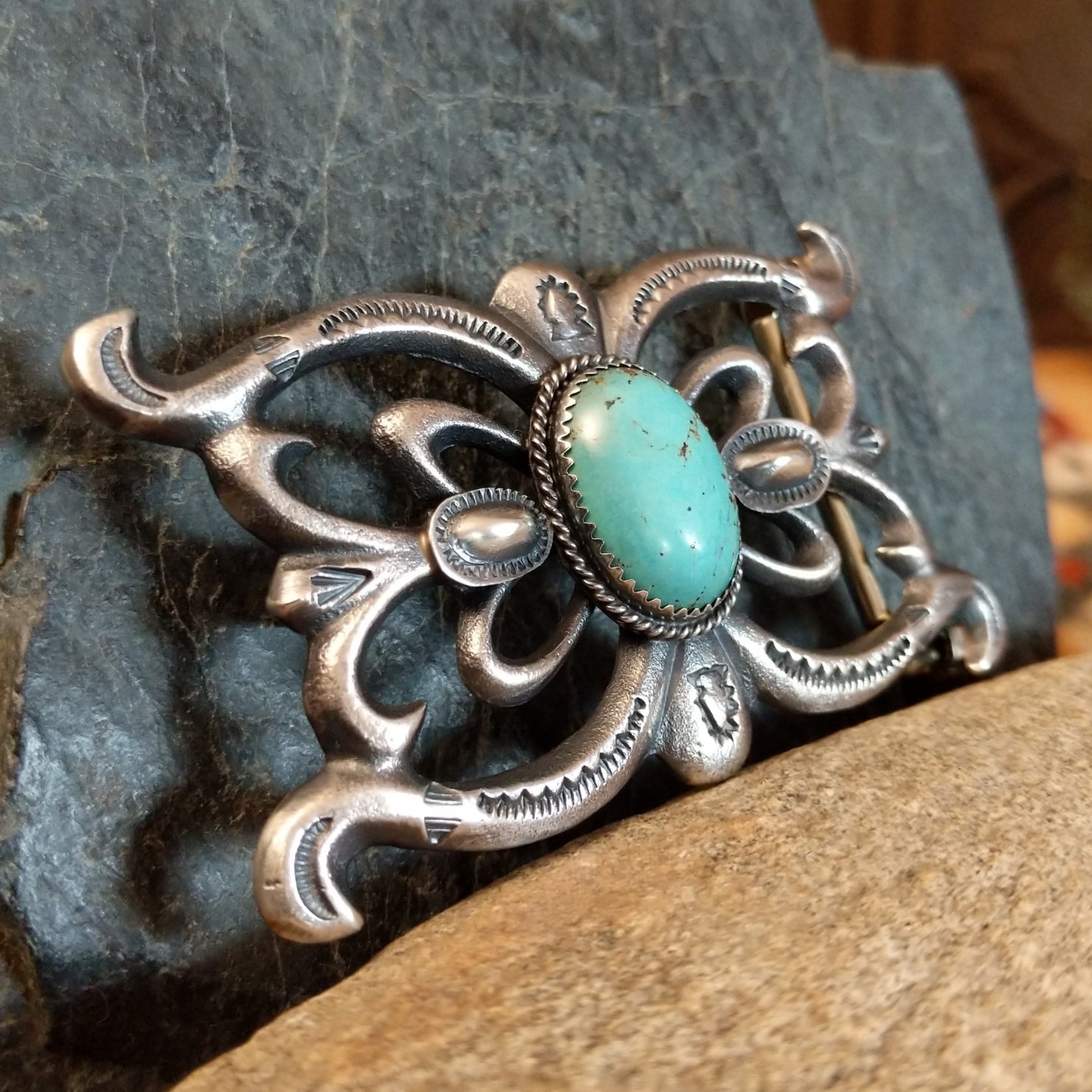 Turquoise Stamped Sandcast Buckle by Martha Cayatineto SWSG-BKL-0002