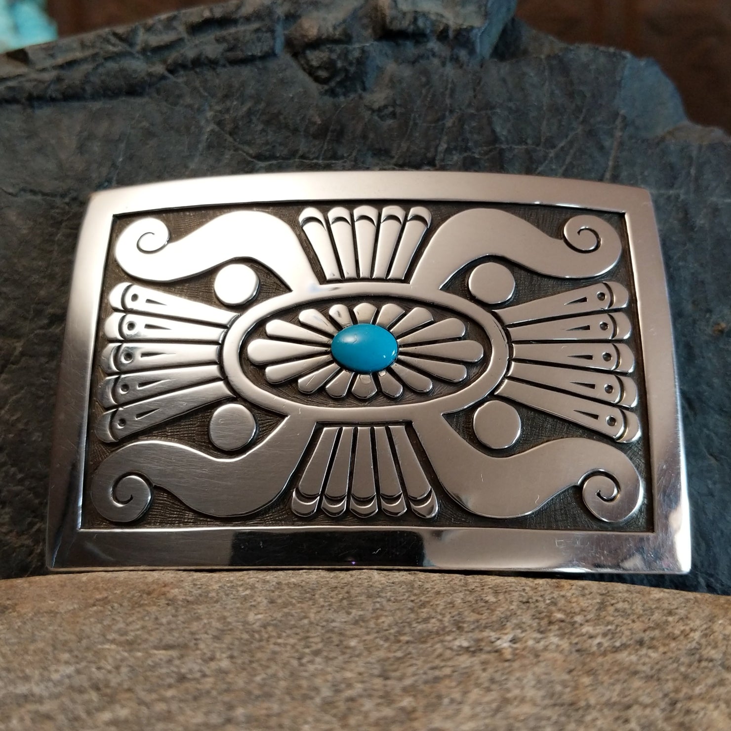Turquoise Etched Buckle by Vernon Begay SWSG-BKL-0004