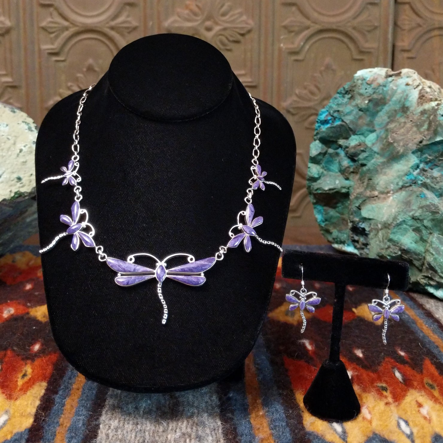Navajo Made Charoite Dragonfly Necklace & Earrings Set SWSG-JWS-0006