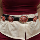 Red Spiny Oyster Shell Concho Leather Belt by Thomas Nez GJ-BLT-0004