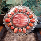 Red Spiny Oyster Shell Concho Leather Belt by Thomas Nez GJ-BLT-0004