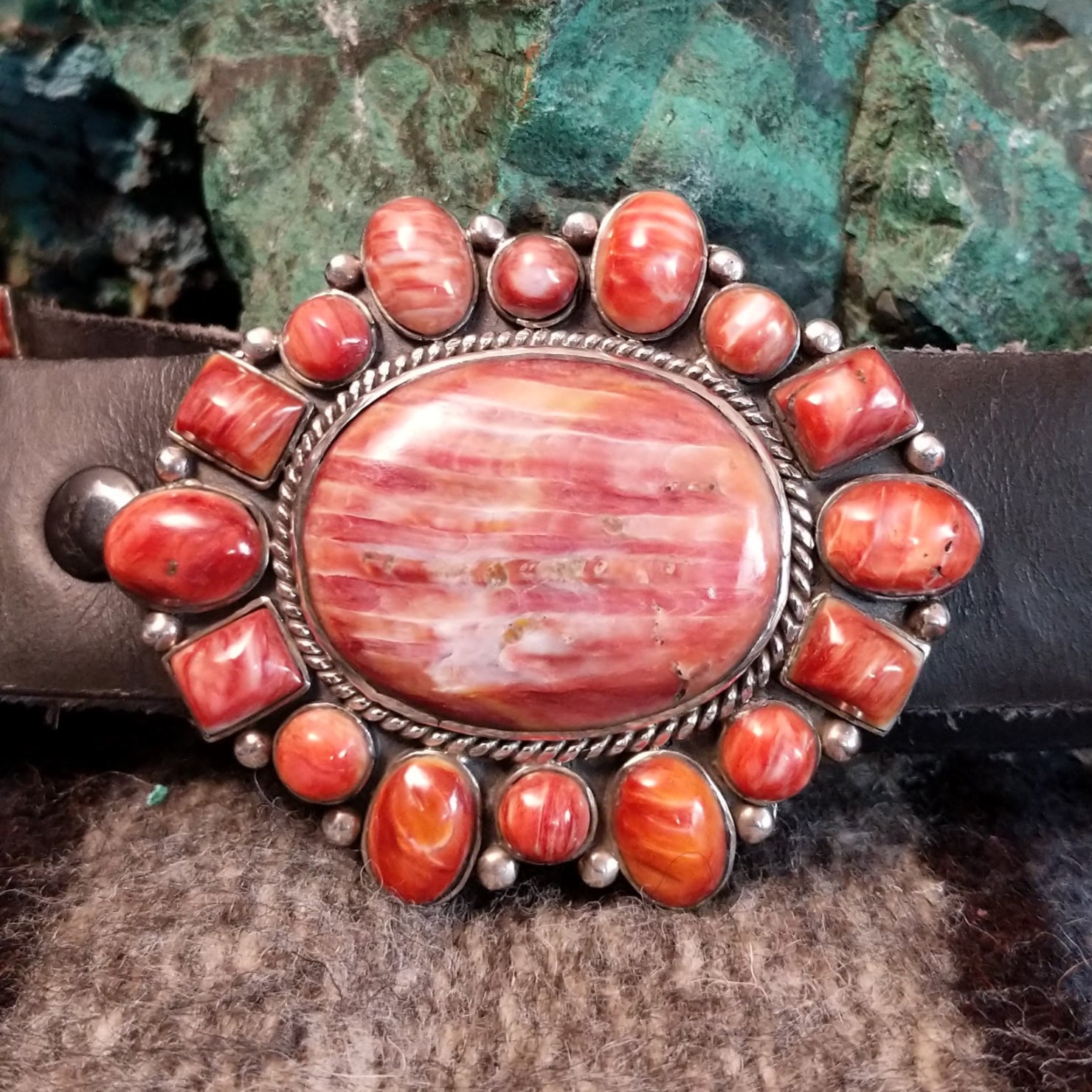 Red Spiny Oyster Shell Concho Leather Belt by Thomas Nez GJ-BLT-0004