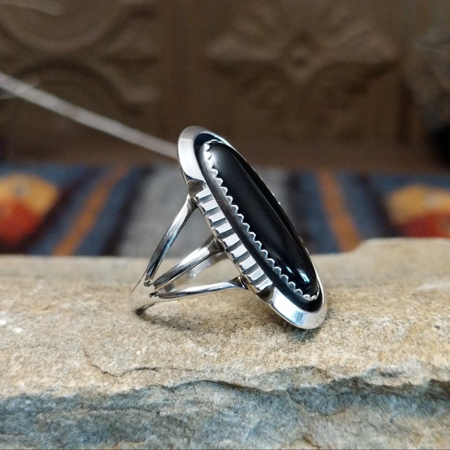 Navajo Made Black Onyx Shadowbox Ring SWSG-RNG-0057 Size 5.5