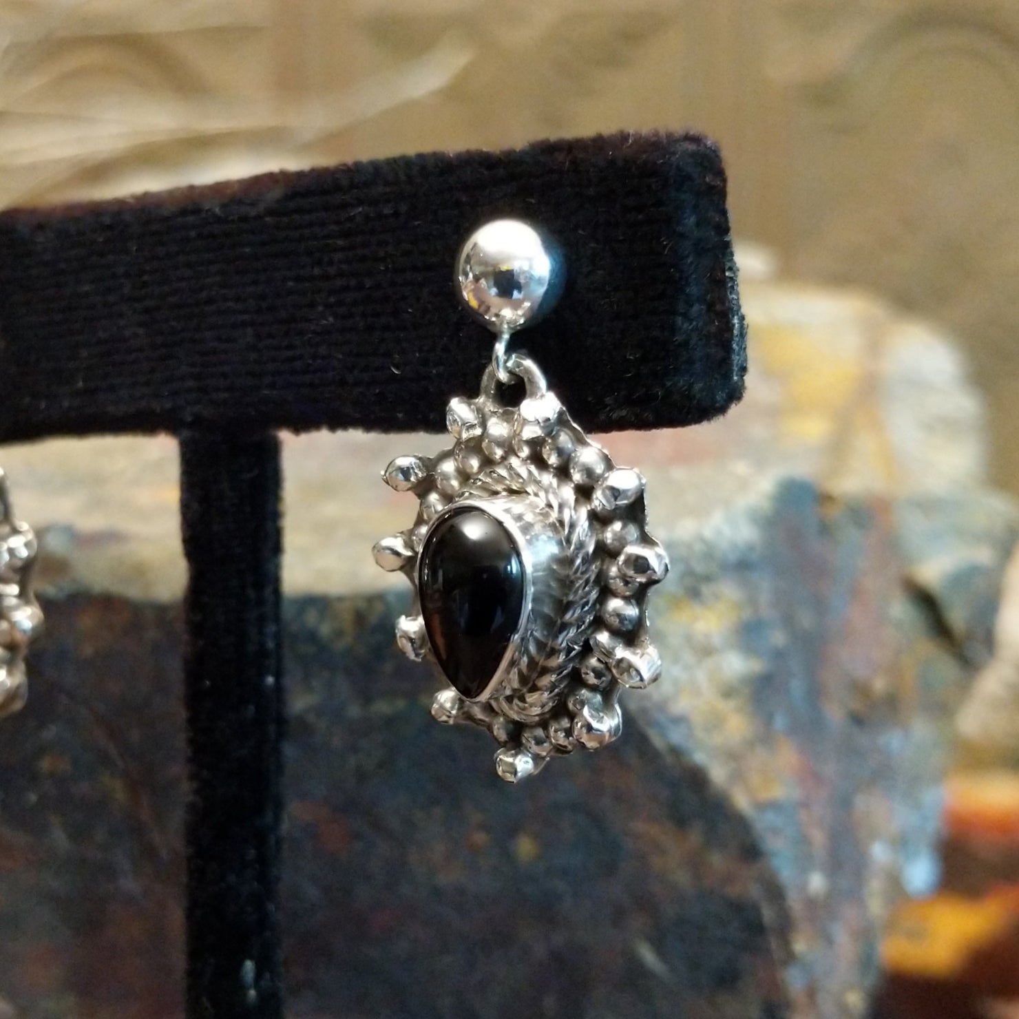 Navajo Made Ornate Black Onyx Teardrop Earrings GJ-ERN-0091