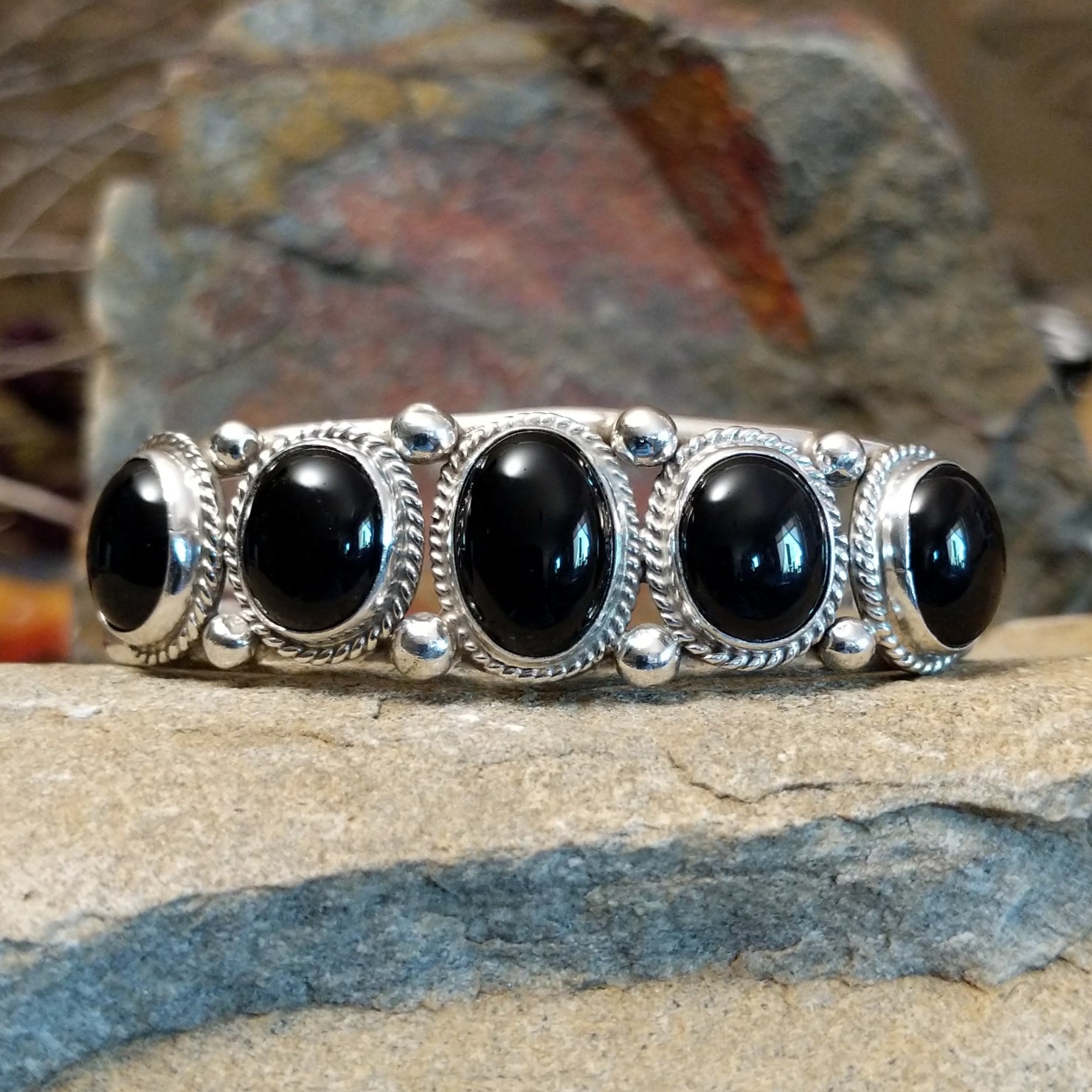 Navajo Made Black Onyx Quintet Cuff SWSG-BRC-0050