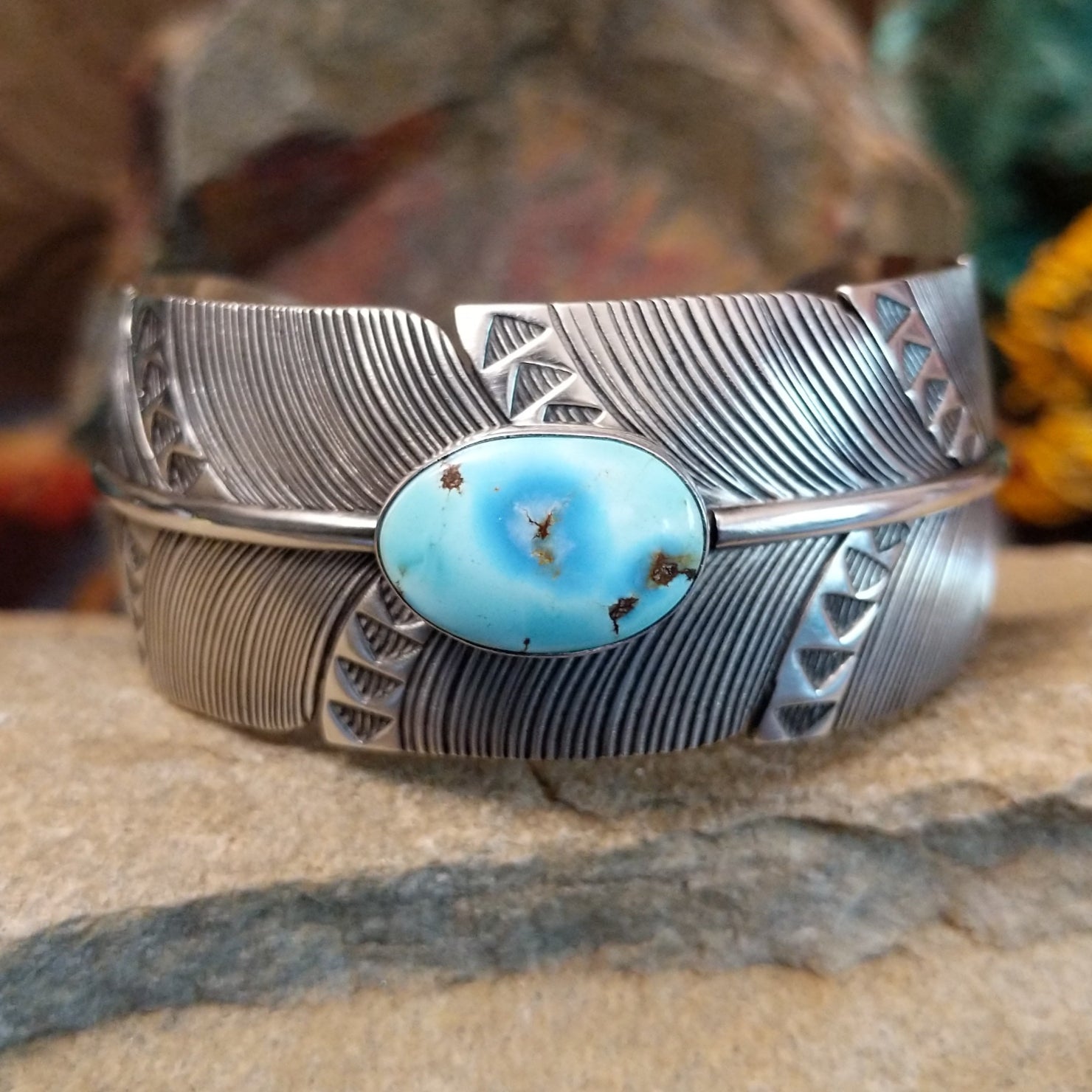 Golden Hills Turquoise Feather Cuff by Raymond Coriz GJ-BRC-0114