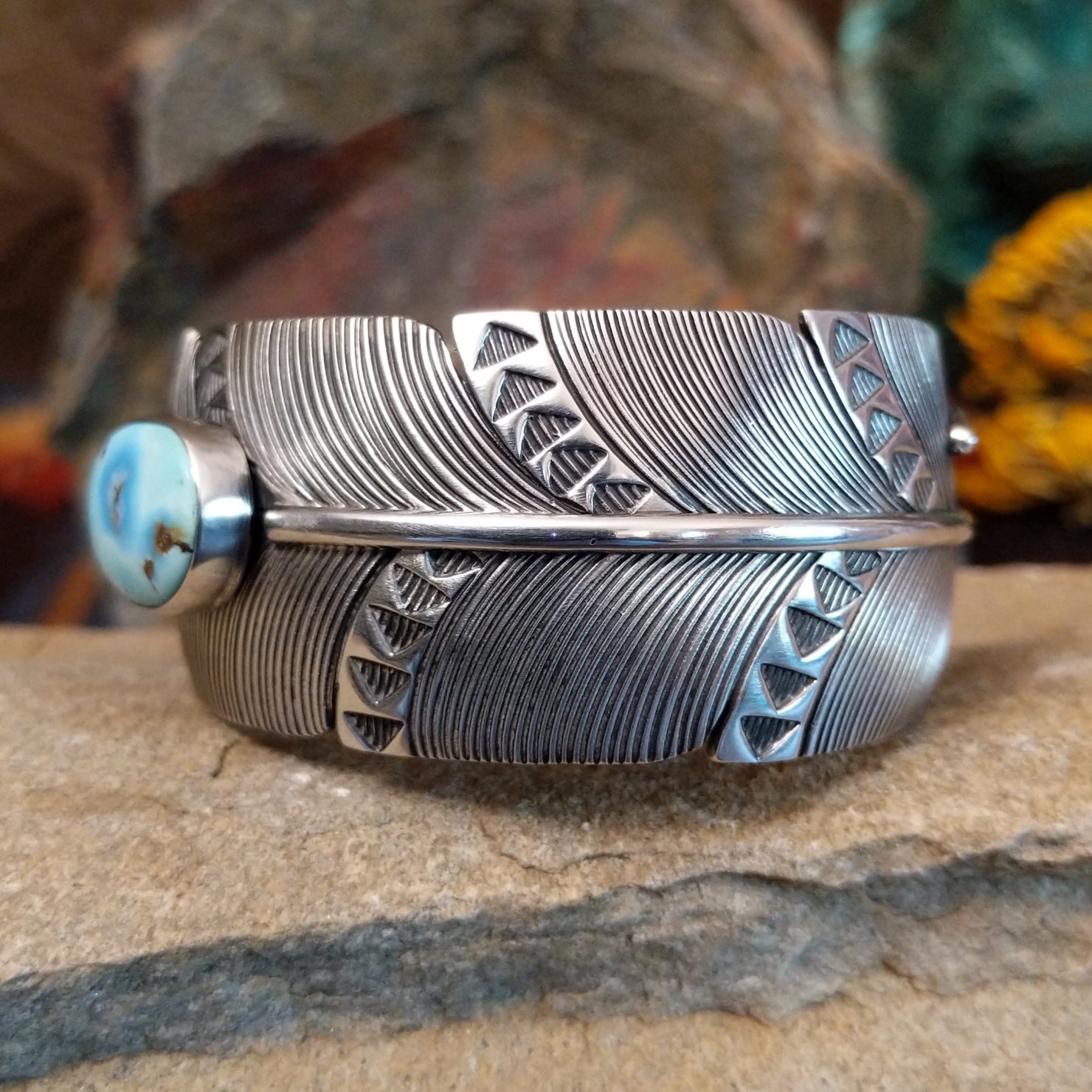Golden Hills Turquoise Feather Cuff by Raymond Coriz GJ-BRC-0114