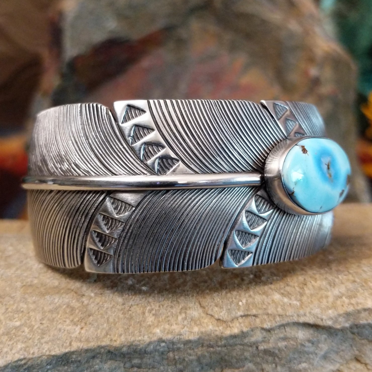 Golden Hills Turquoise Feather Cuff by Raymond Coriz GJ-BRC-0114