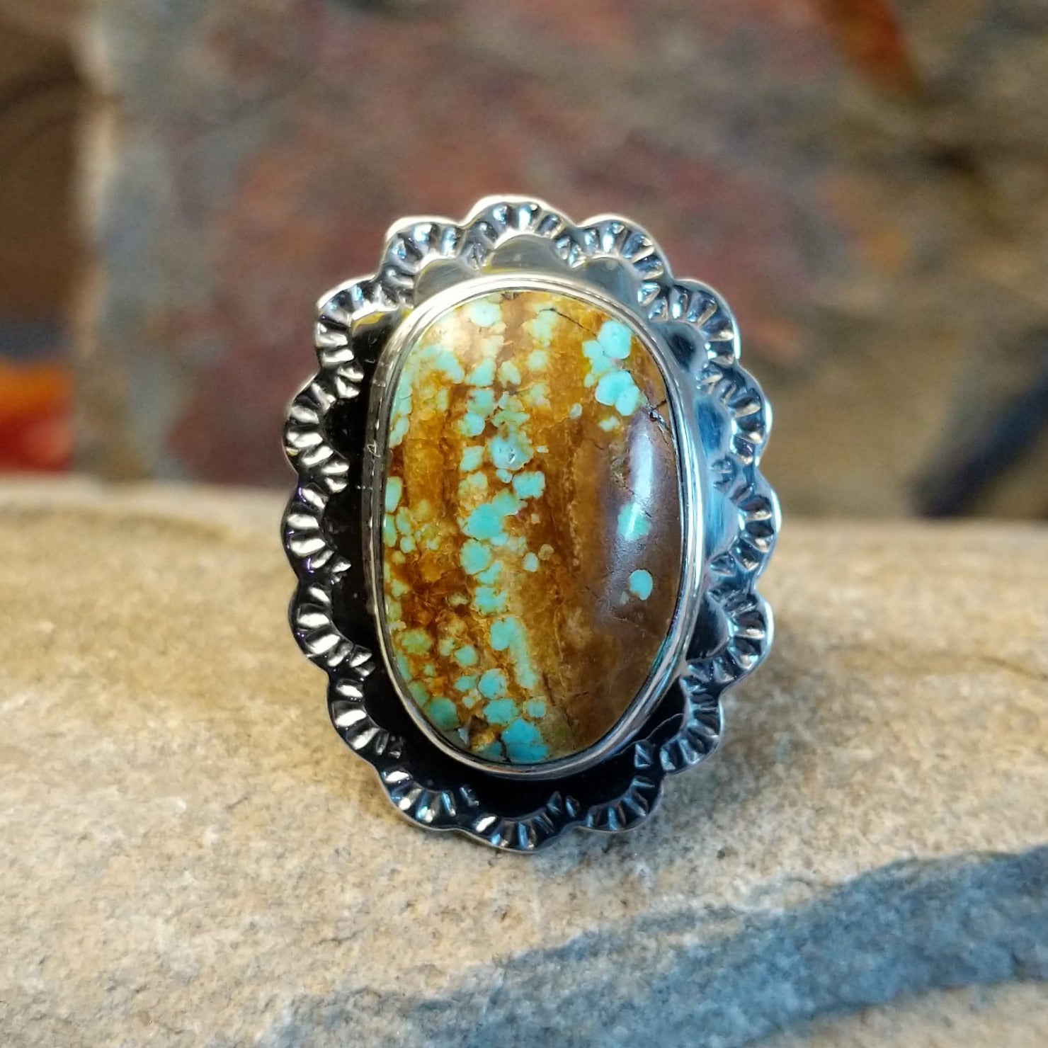#8 Turquoise ring handcrafted by Jake Sampson, set in sterling silver.