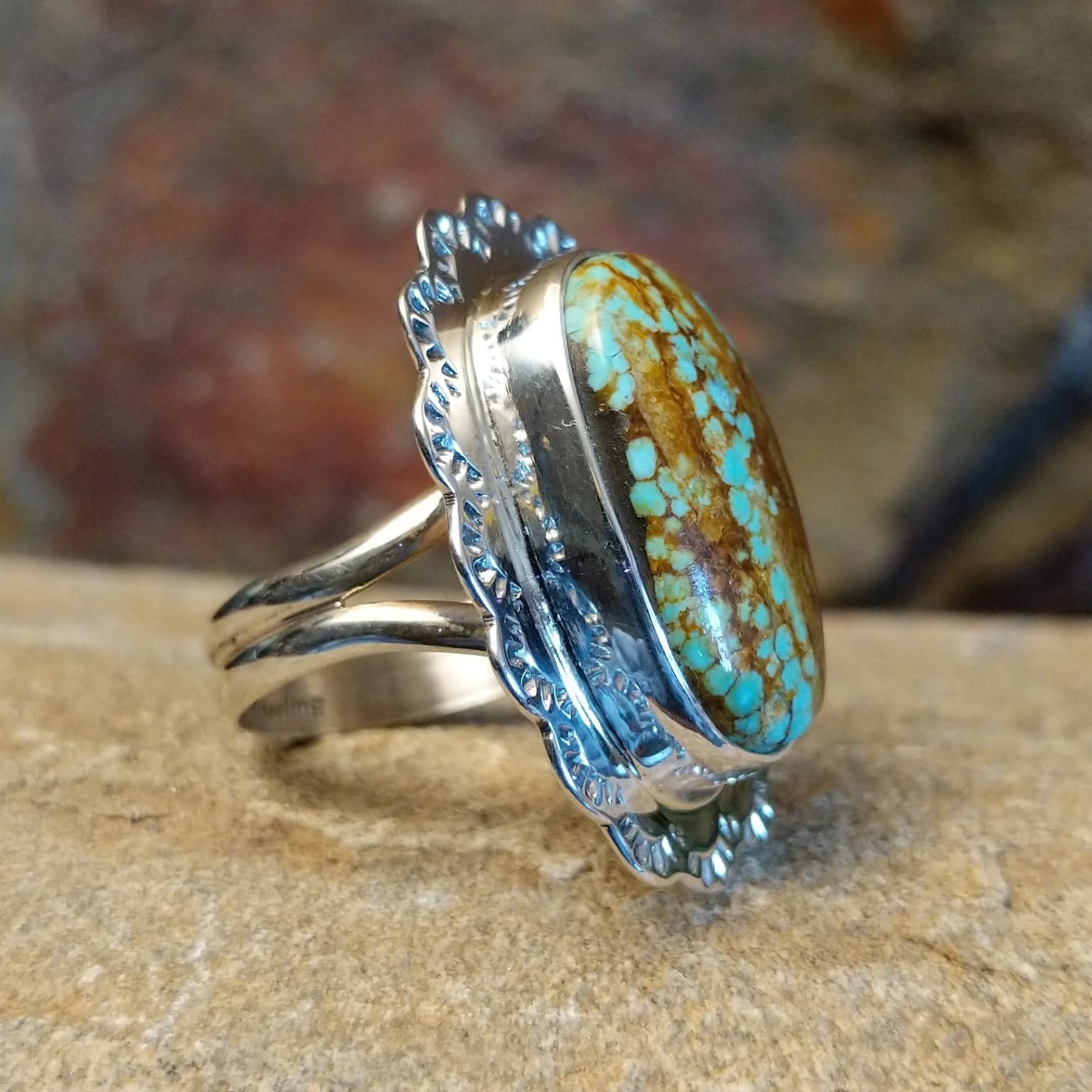 #8 Turquoise ring handcrafted by Jake Sampson, set in sterling silver.