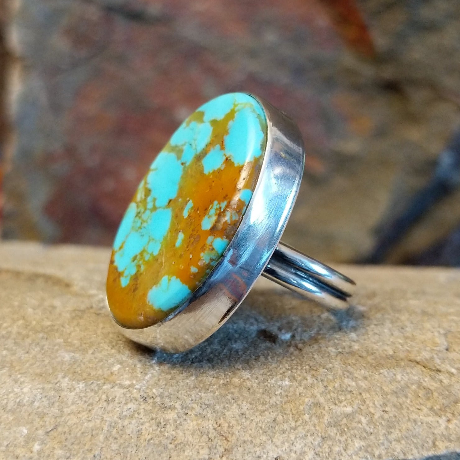 #8 Turquoise oval ring by Navajo artists Everett & Mary Teller. Set in sterling silver. Size 7