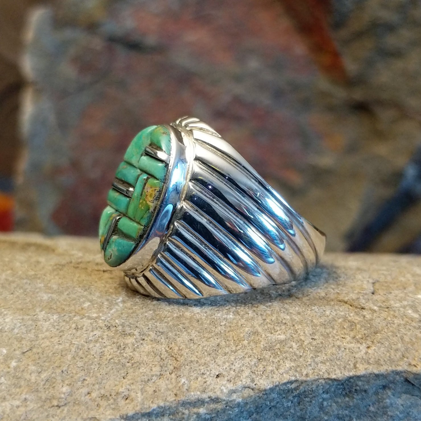  Navajo turquoise and Sterling silver inlay ring by L.C., size 11.  Detail on band.