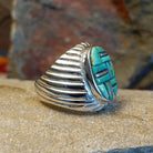  Navajo turquoise and Sterling silver inlay ring by L.C., size 11.  Detail on band.