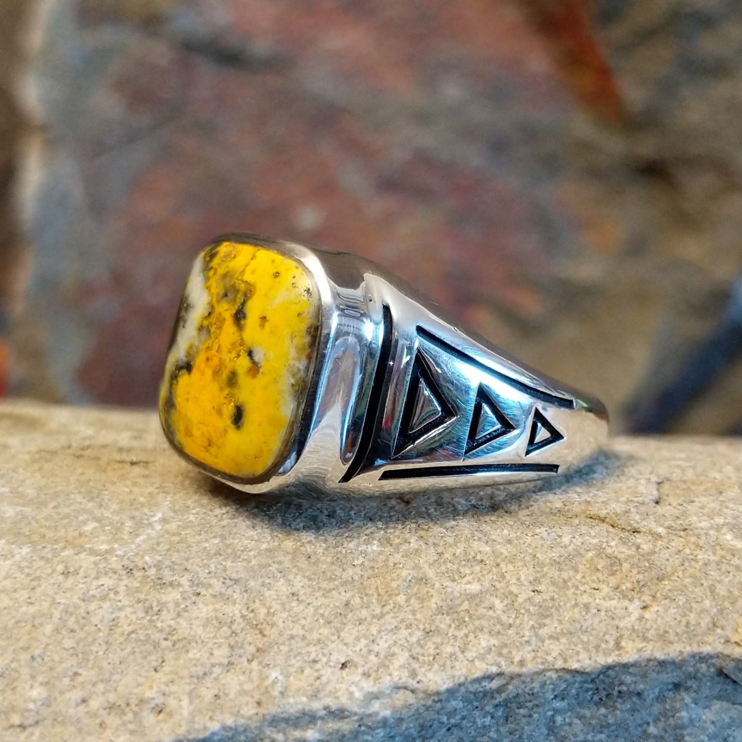  Bumblebee Jasper ring by T., set in sterling silver, size 12, side view with band detail.