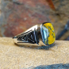  Bumblebee Jasper ring by T., set in sterling silver, size 12, side view with band detail.
