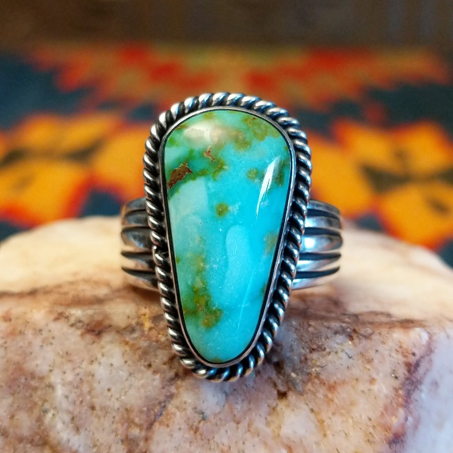 Sonoran Gold Turquoise ovate shaped stone set in sterling silver. Created by Murphy Platero, size 6.5