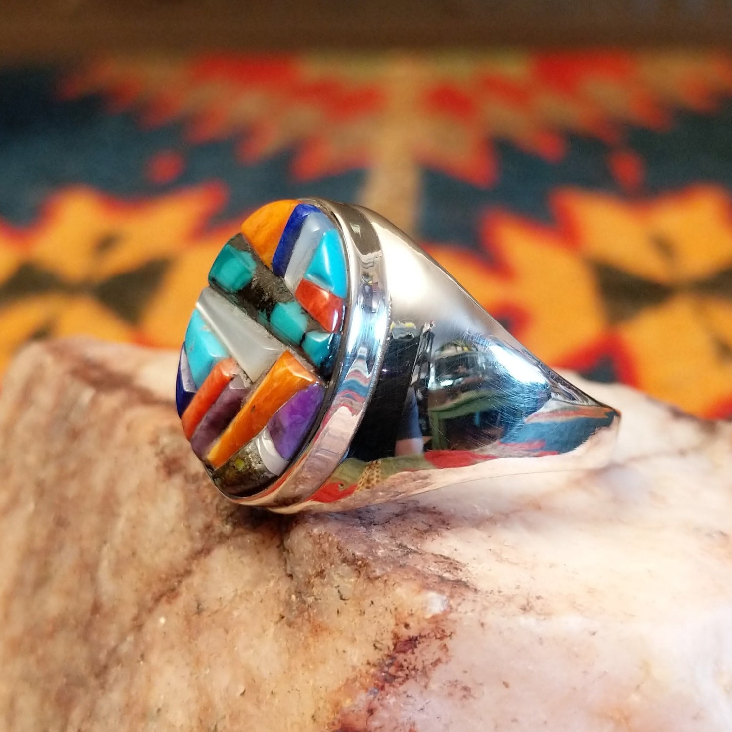  Size 12.5 Navajo multistone, cobblestone style ring by J.Y. features a vibrant mosaic of hand-cut stones set in sterling silver.  Side view
