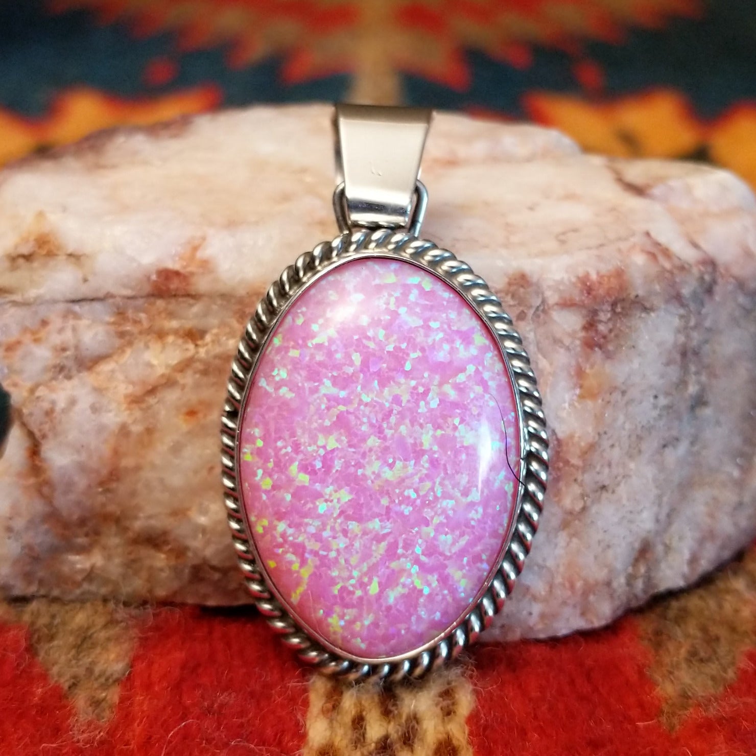  Pink Manmade Opal Oval Pendant by Jan Mariano with classic rope design.  Front view