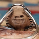 Navajo sterling silver ring with an oval Bumblebee Jasper stone featuring bold yellow, orange, black, and cream natural patterns.  Artisan and silver stamp.