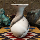 Medium flared white horsehair pottery vase by Jim Calhoun with a polished finish, smoky organic patterns, and a softly flared rim in Southwestern style.