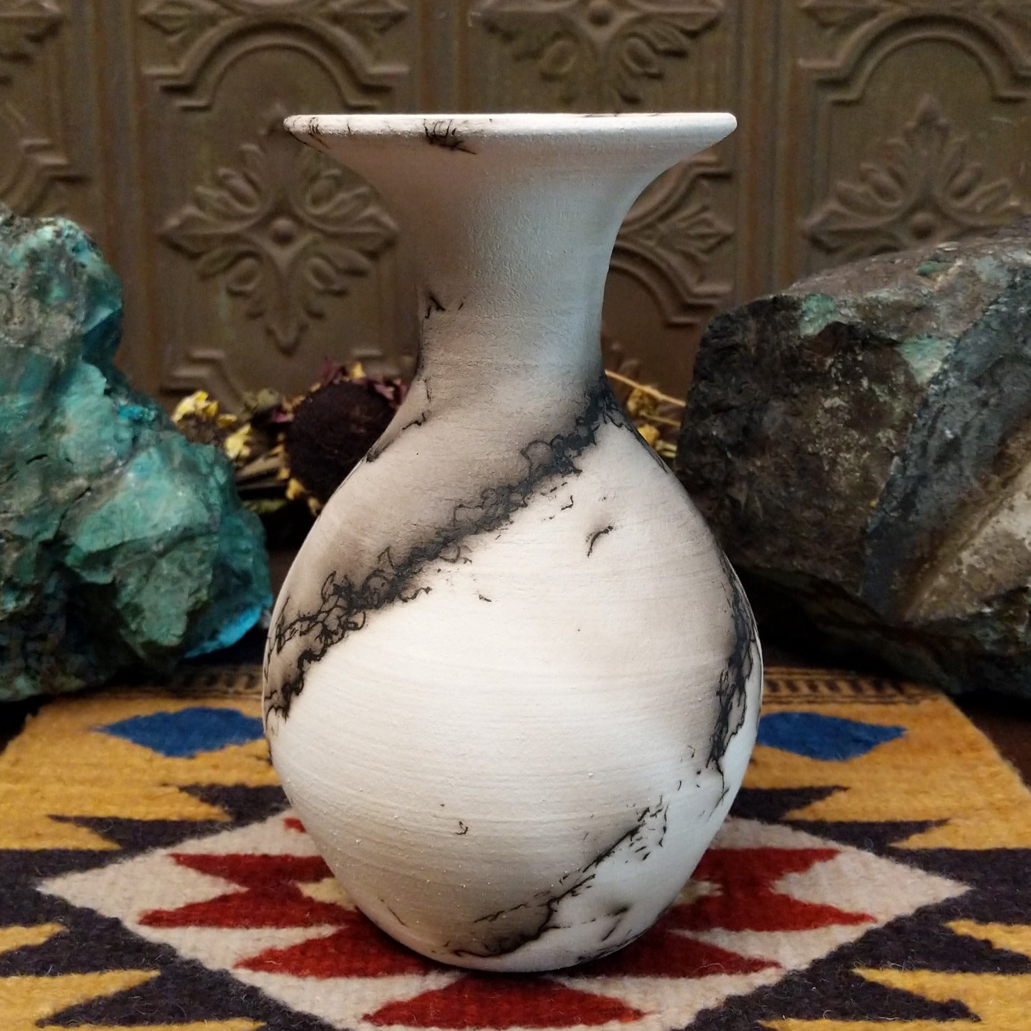 Medium flared white horsehair pottery vase by Jim Calhoun with a polished finish, smoky organic patterns, and a softly flared rim in Southwestern style.