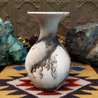 Medium flared white horsehair pottery vase by Jim Calhoun with a polished finish, smoky organic patterns, and a softly flared rim in Southwestern style.