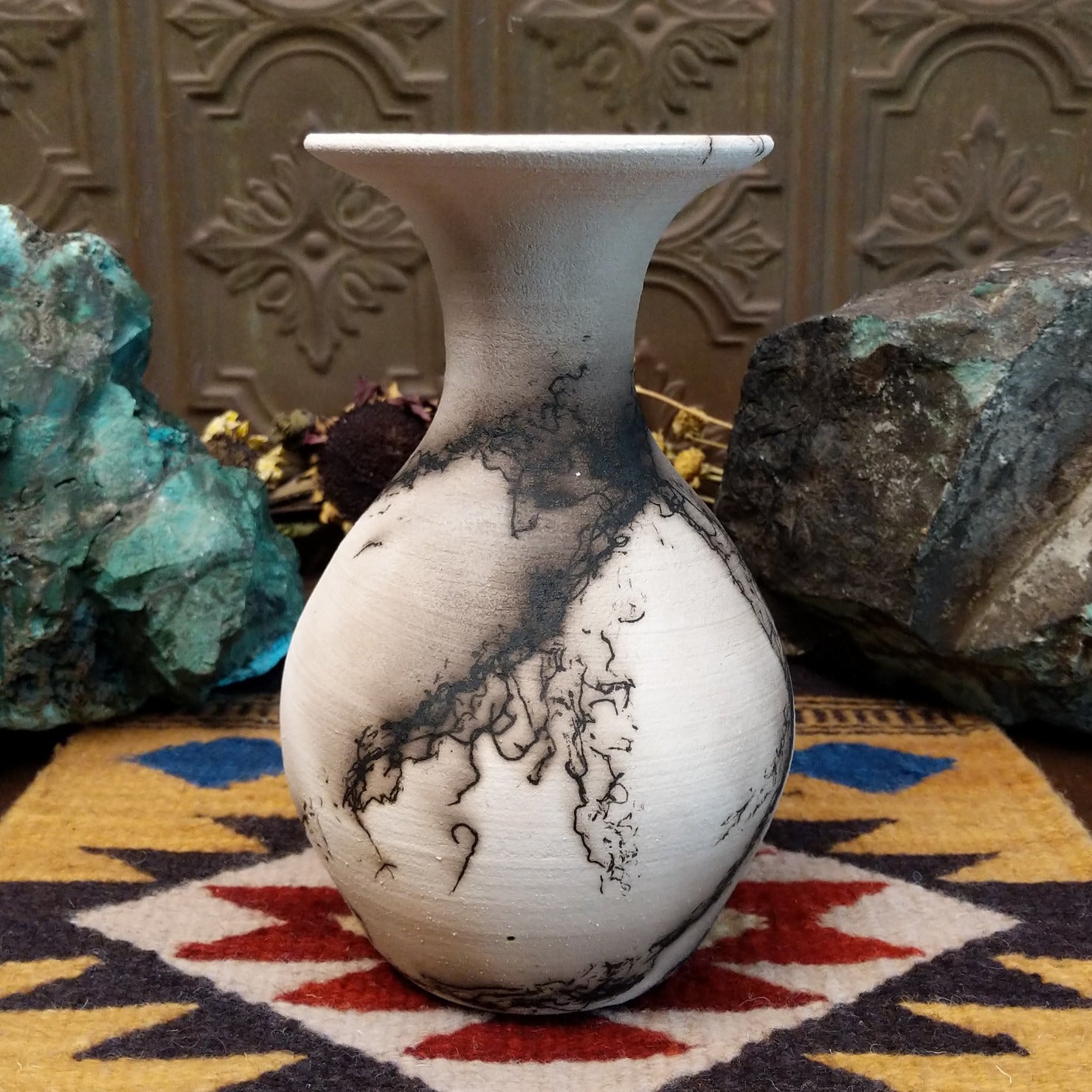 Medium flared white horsehair pottery vase by Jim Calhoun with a polished finish, smoky organic patterns, and a softly flared rim in Southwestern style.