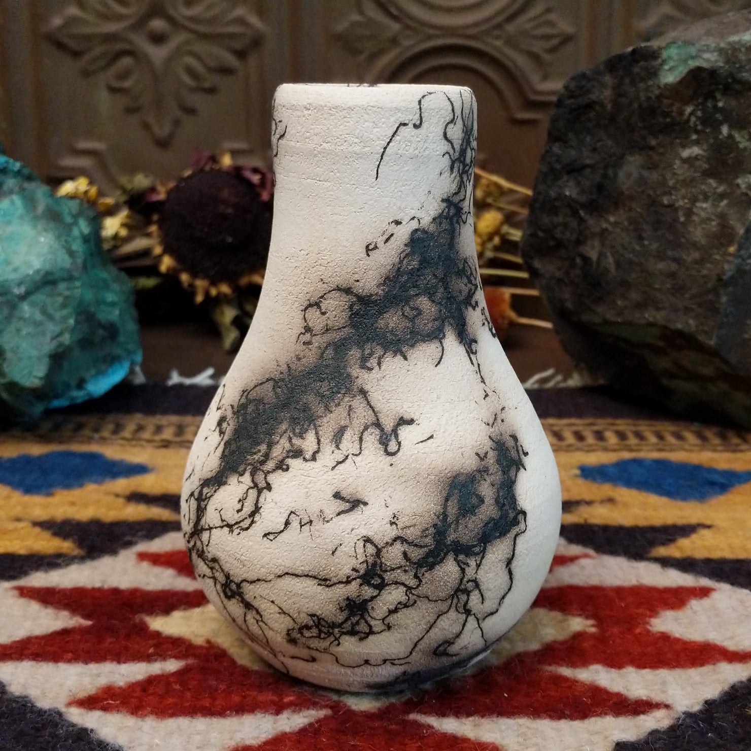 Small chiminea-style white horsehair pottery vase by local artisan Jim Calhoun with smoky natural patterns, polished finish, and handcrafted Southwestern design.