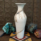 Tall flared white horsehair pottery vase by local artisan Jim Calhoun featuring smoky black organic patterns, polished white finish, and handcrafted Southwestern design.