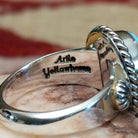 Handcrafted sterling silver circle ring by Artie Yellowhorse featuring a round Golden Hills turquoise stone in a polished Southwestern Native American design.  Artisan stamp on band.